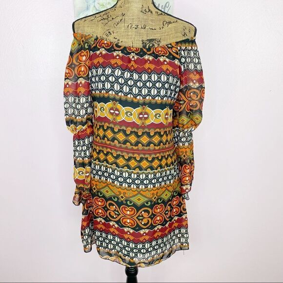 Voll Off The Shoulder Multi Print Shift Dress Split Handkerchief Sleeve Small - Picture 4 of 15